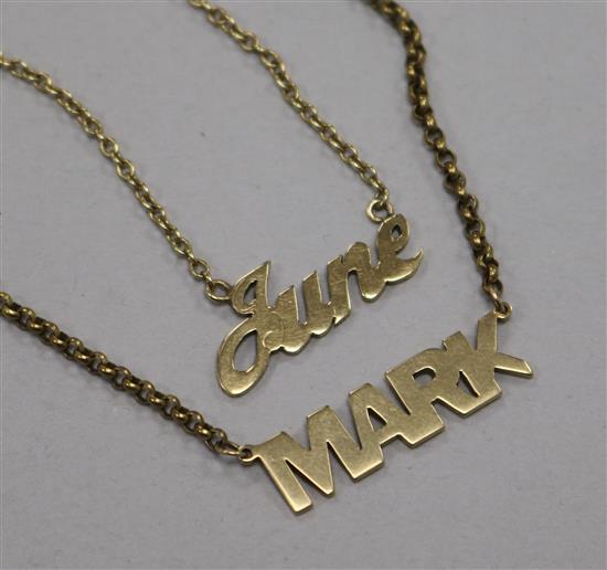 Two 9ct gold identity pendant necklaces, Mark and June.